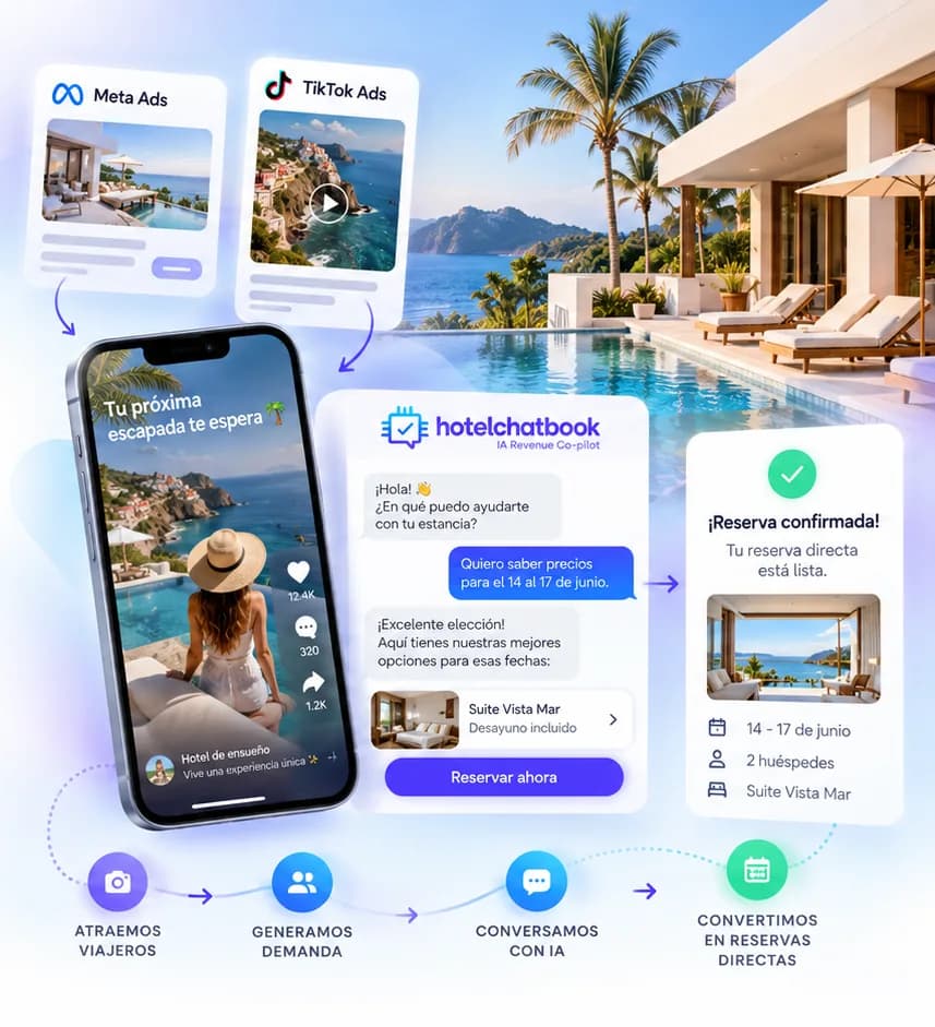 A UGC ad on Meta and TikTok leads the traveler into a conversation with HotelChatBook that ends in a confirmed direct booking.