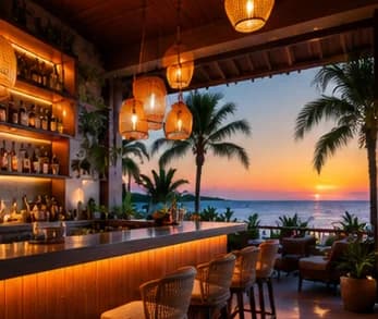 Bar con vista al mar al atardecer