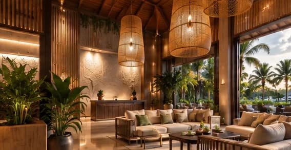 Lobby con lámparas de mimbre y vista al jardín tropical