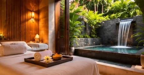 Cabina de spa con cascada y vegetación