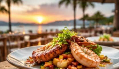 Langostinos a la parrilla frente al mar al atardecer