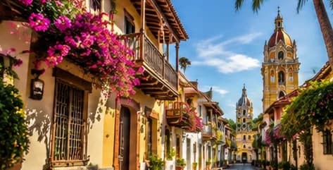 Calle colonial con flores y una iglesia al fondo