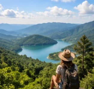 Viajera contemplando un lago entre montañas