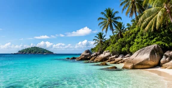 Playa de aguas turquesa con palmeras y rocas