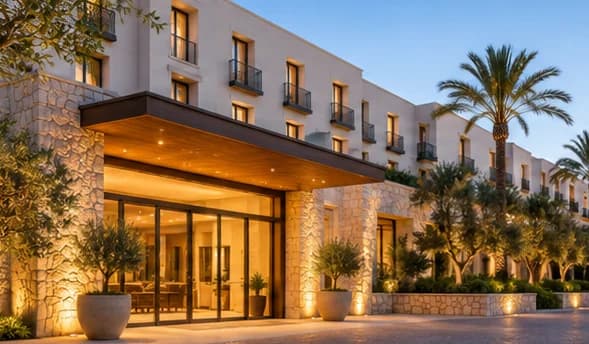 Entrada del hotel iluminada al atardecer