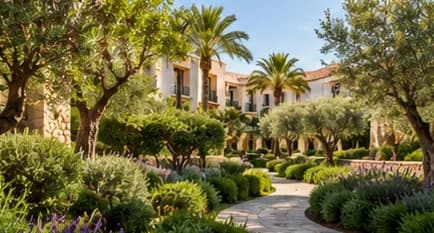 Sendero entre jardines y olivos del hotel
