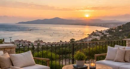 Terraza con vista a la bahía al atardecer
