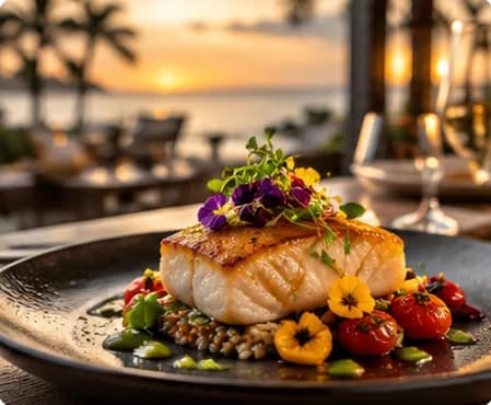 Filete de pescado con flores comestibles, en cuadrado