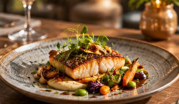 Filete de pescado con vegetales en plato de cerámica