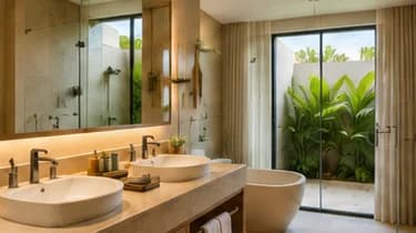 Baño con doble lavabo, bañera y ventanal al jardín