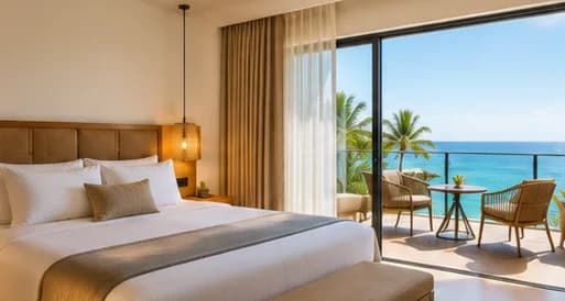 Habitación con cama doble y terraza frente al mar
