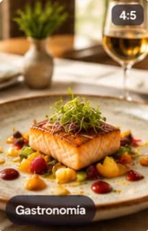 Plato de salmón con vegetales y una copa de vino