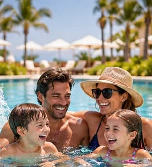 Familia jugando en la piscina