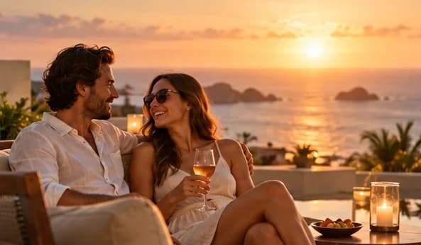 Pareja brindando en una terraza al atardecer