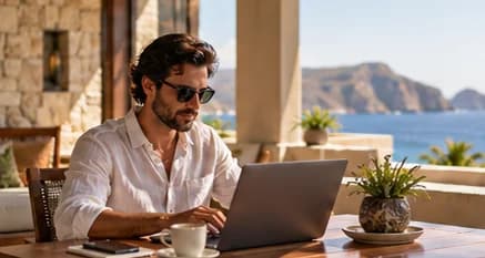 Huésped trabajando con su portátil en una terraza con vista al mar