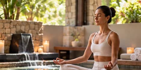 Huésped meditando junto a una fuente del spa