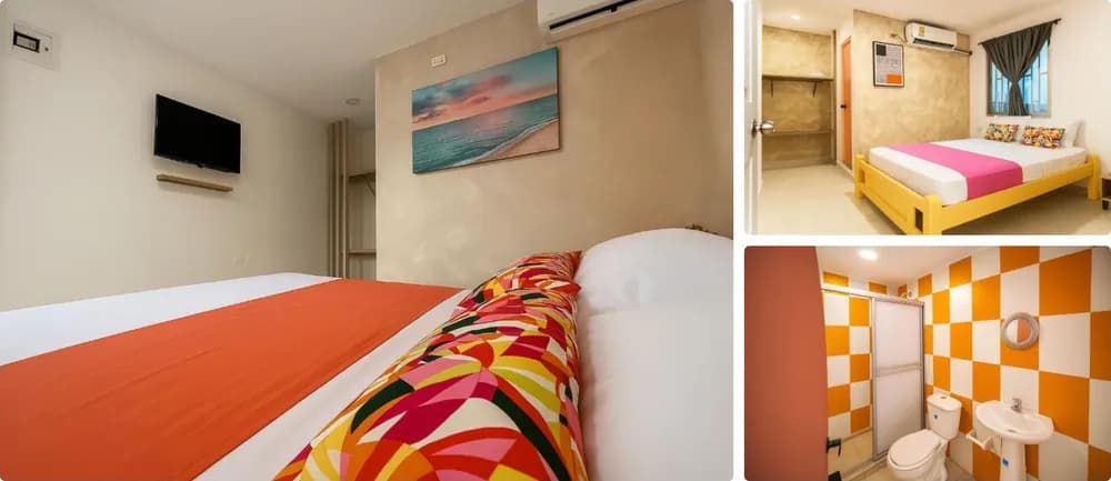 Photos of Taybo House in San Andrés: double room, room with a yellow bed and bathroom with orange tiles.