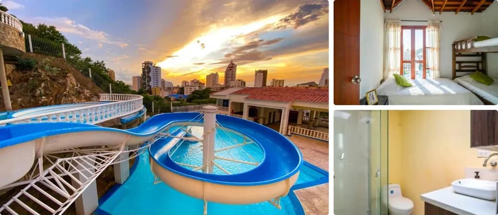Photos of Villa Roca in Santa Marta: pool with a waterslide at sunset, room with a bunk bed and bathroom.