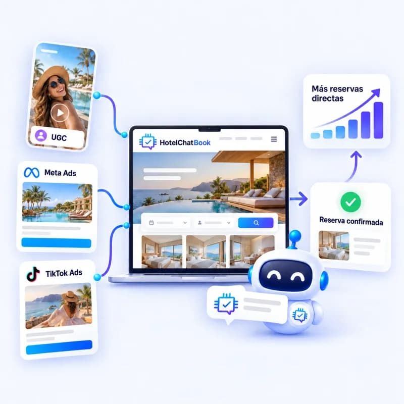 Illustration: UGC content and Meta and TikTok ads bring travelers to the hotel website and end in confirmed direct bookings.