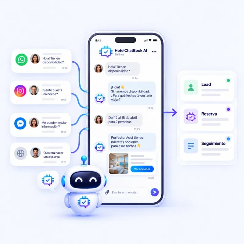 Illustration: WhatsApp, Instagram, Messenger and website messages reach the HotelChatBook assistant, which turns them into leads, bookings and follow-up.
