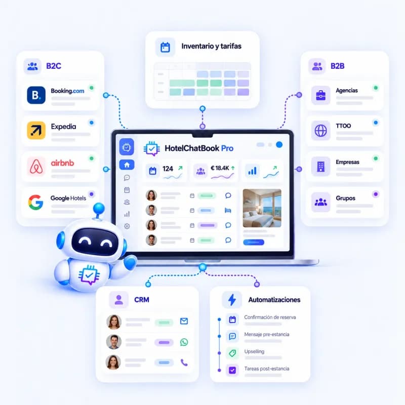 Illustration: HotelChatBook Pro connects B2C and B2B channels, inventory and rates, the CRM and automations in one dashboard.