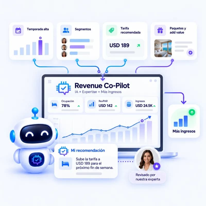 Illustration: the Revenue Co-Pilot combines season, segments, recommended rate and packages, and suggests a rate increase reviewed by an expert.