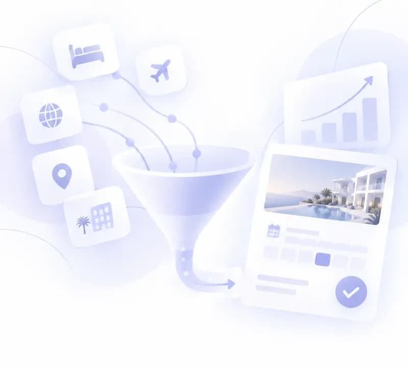 Illustration: travelers arriving from different channels go through a funnel and end in a confirmed booking.