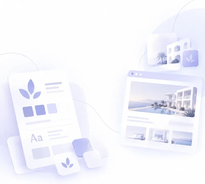 Illustration: a brand manual with logo, color palette and typography, applied to the hotel website.