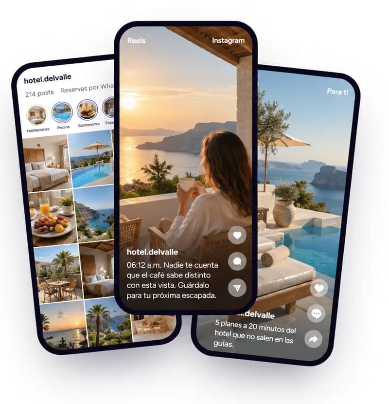 Tres móviles con las redes de un hotel: el perfil de Instagram, un reel al amanecer y un video junto a la piscina.