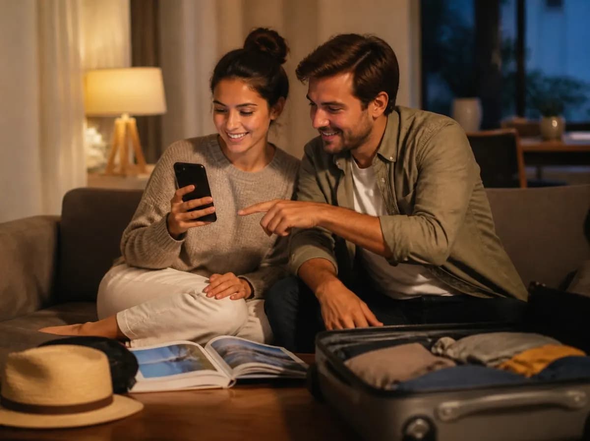 Pareja de viajeros en el sofá escribiendo al hotel desde el móvil antes de su viaje
