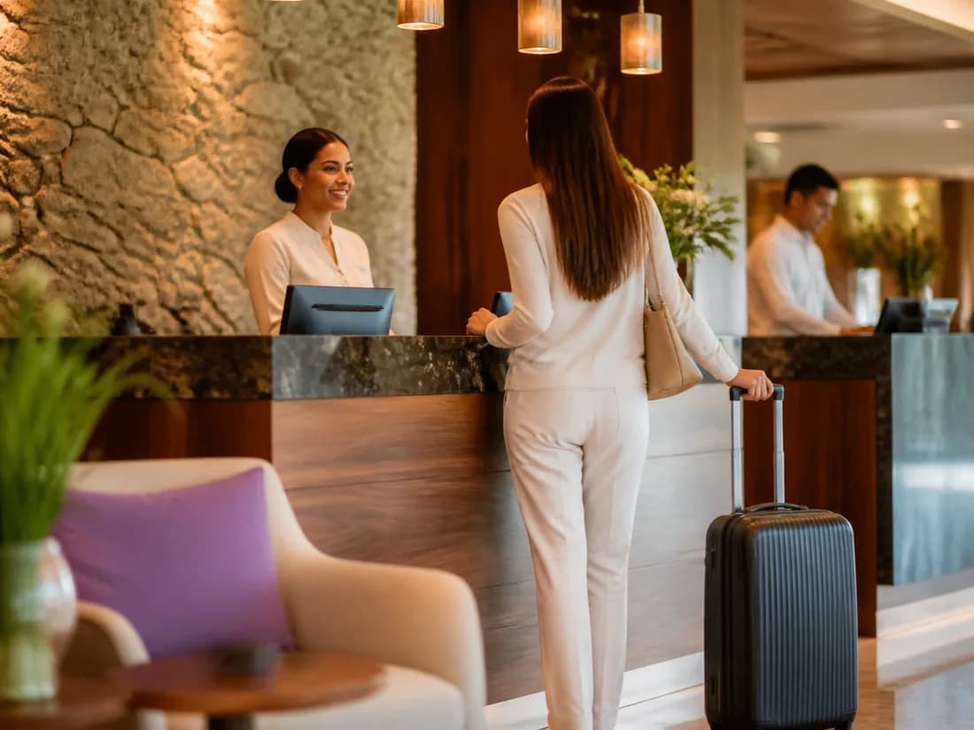 Una recepcionista atiende a una huésped que llega con su maleta a la recepción de un hotel urbano.